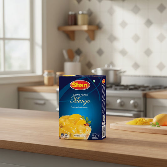 Box of Shan Mango Custard Powder on a white background