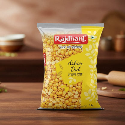 Rajdhani Ashar Dal package on a wooden surface with kitchen items in the background