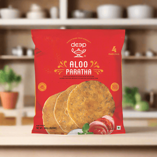 Packaging of Frozen Aloo Paratha showing the product name and images of the paratha, with a red background and decorative elements.