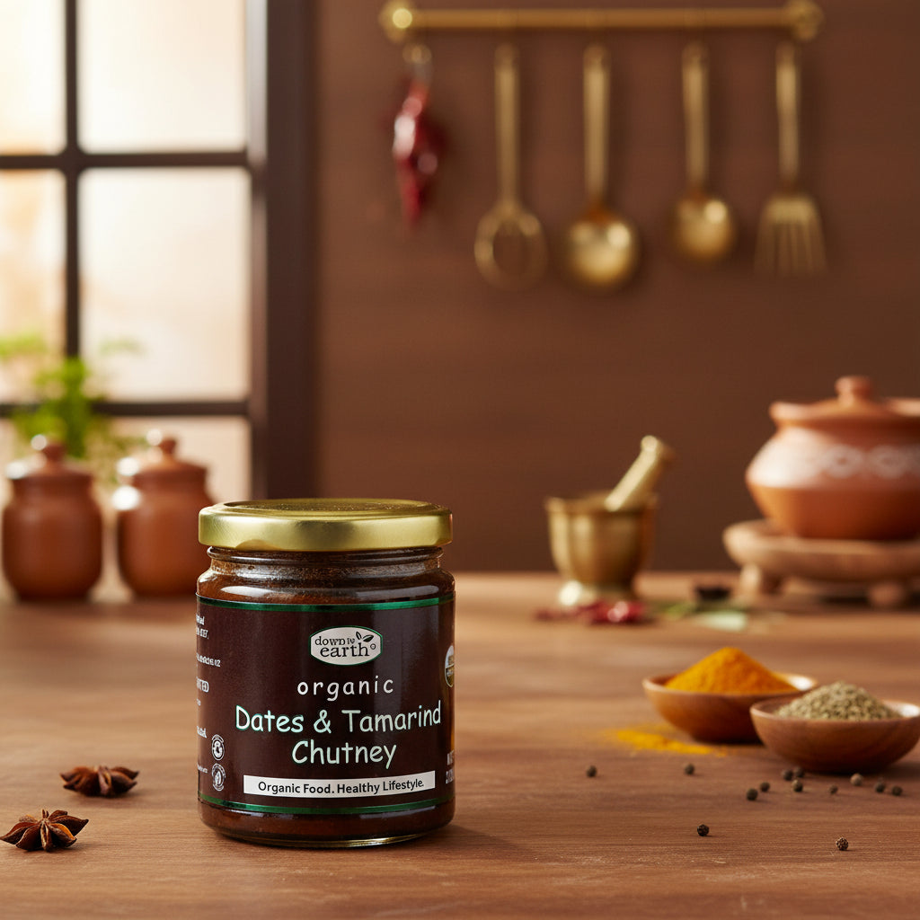 Jar of organic Dates & Tamarind Chutney with 'down to earth' branding on a white background
